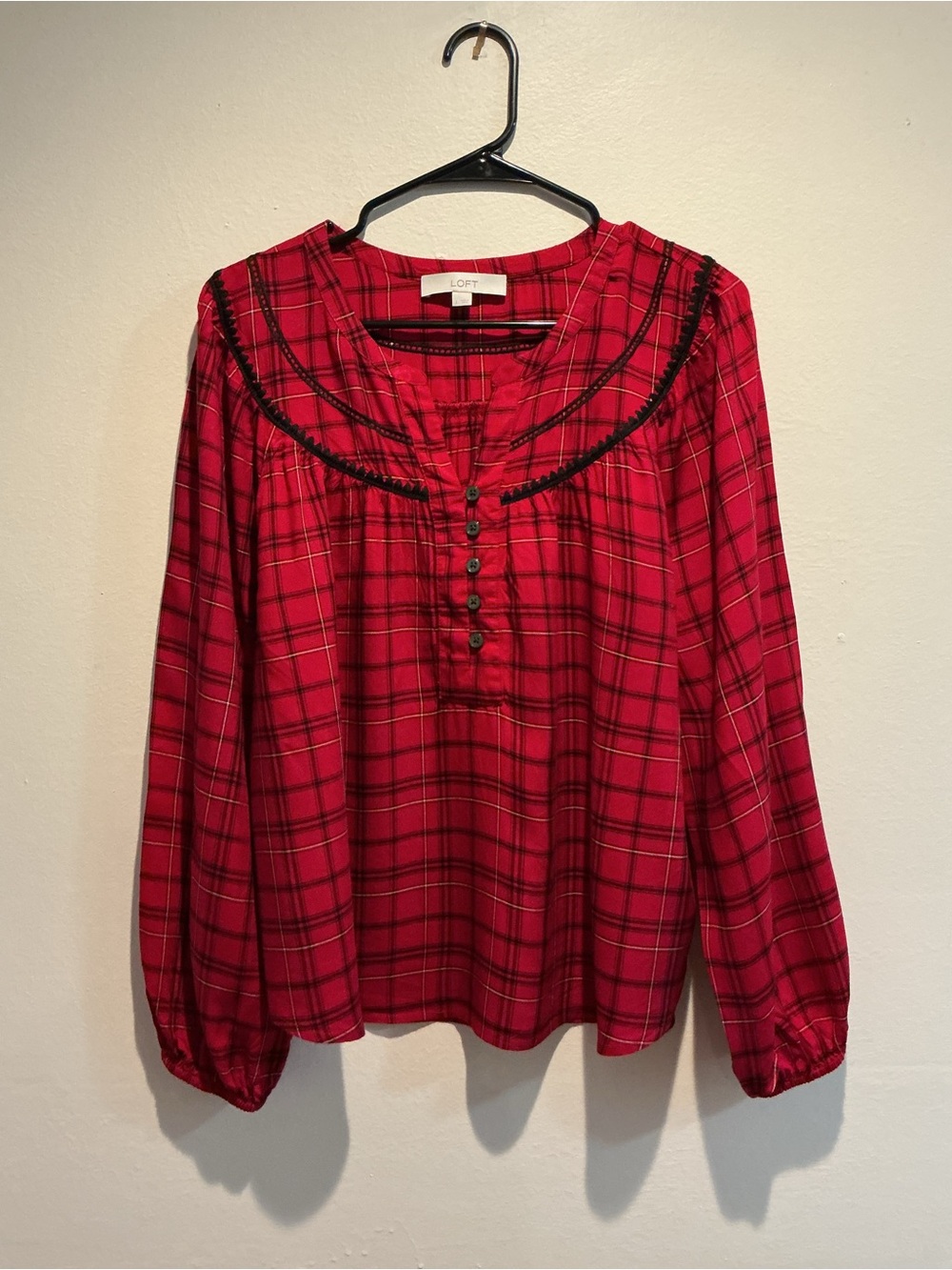 LOFT Red Plaid Lace Trim Button V-Neck Blouse Long Sleeve Top